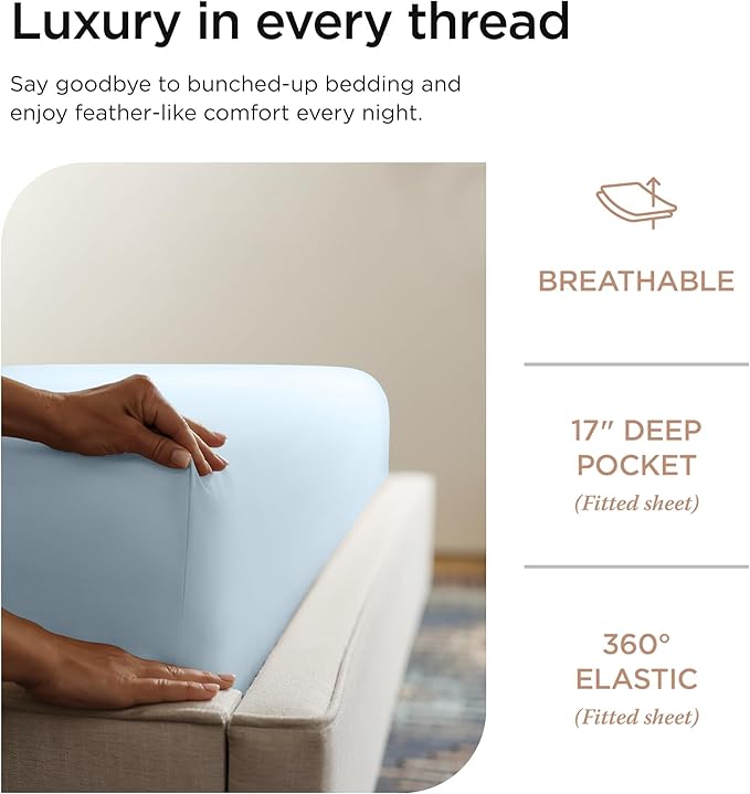 Threadmill Supima Cotton Queen Sheet Set, 1200 Thread Count for Queen Mattresses, 4 Piece American Luxury Bed Sheets, Sateen Hotel Quality Sheets with Elasticized Deep Pocket, Light Blue