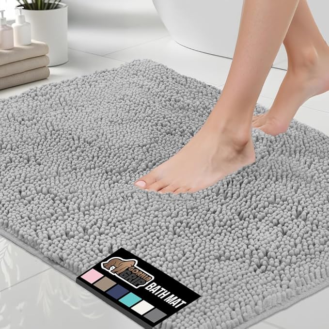 GORILLA GRIP Bath Rug Mat 48x24, Soft Absorbent Chenille, Quick Dry Microfiber Mats, Rubber Backing Washable Shower Floor Rugs, Bathmat Runner, US Designed Bathroom Home Decor Accessories Light Gray