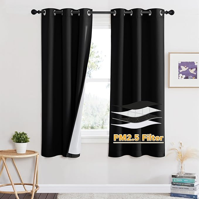 RYB HOME Soundproof Curtains for Bedroom, PM2.5 Particle Filter 100% Blackout Energy Saving Small Window Curtains for Baby Nursery Living Room Home Office, Black, W 42 x L 63 inches, 2 Pcs