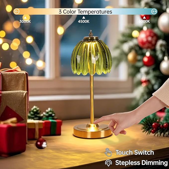 Set of 2 Tulip Table Lamp with 5000mAh Battery & Touch Control, Cordless Small Table Lamp with 3 Colors, Dimmable Rechargeable Table Lamps for Bedroom, Desk, Bedside (Green Tulip)