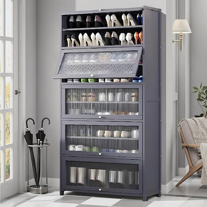 Tall Shoe Cabinet with Acrylic Doors, 10-Tier Large Capacity Bamboo Shoe Cabinet, 40-45 Pairs Freestanding Shoe Rack & Shoe Organizer for Closet Entrance, Hallway, Living Room, Bedroom