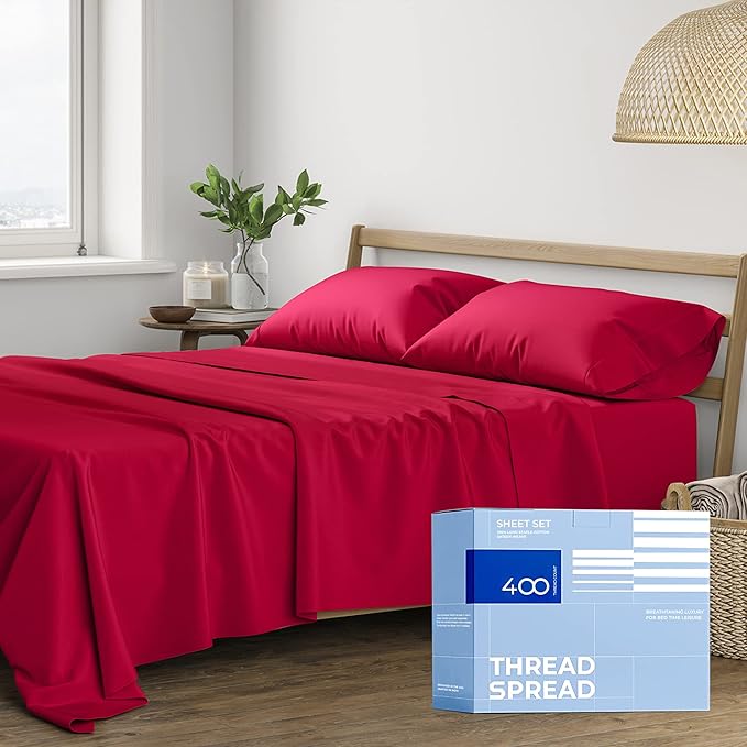 THREAD SPREAD 400 Thread Count King Cotton Sheets - 4 PC King Size Bed Sheet Set Cotton (Cherry Red), Soft, Cooling, Hotel-Quality 16" Deep Pocket Sateen Bedsheet for Hot Sleepers (Fits 18" Mattress)
