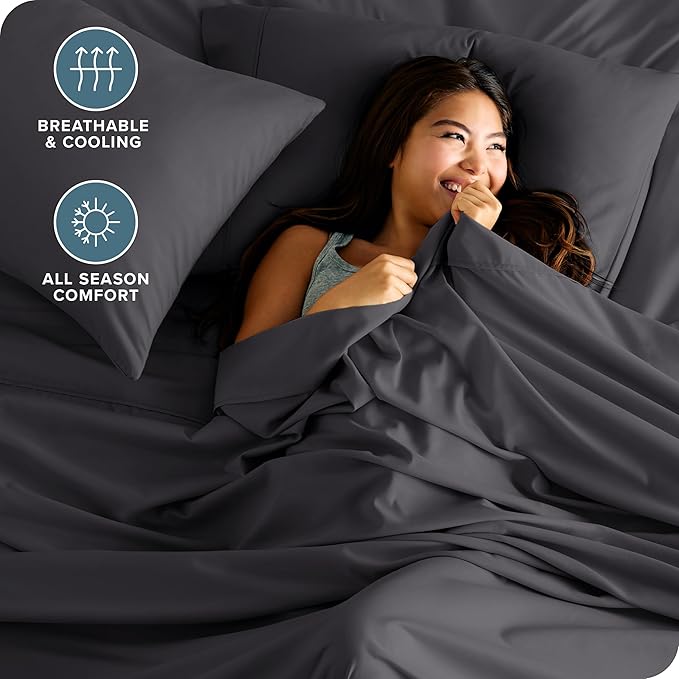 Bare Home Hotel Luxury Split Head Flex King Sheet Set, Extra Soft, Deep Pockets, Easy Fit, Cooling & Breathable, Wrinkle, Fade, Stain Resistant, with 4 Pillowcases (Split Head Flex King, Grey)