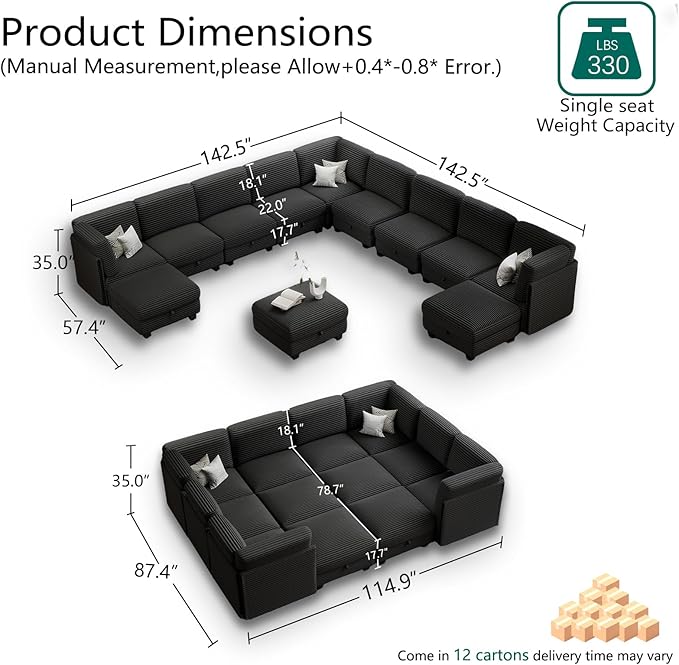Modular Sectional Sofa with Adjustable Backrest, Large Convertible L/U-Shaped Sleeper Couch for Living Room, Cloud Sofa Bed Modern Reversible Design, Black