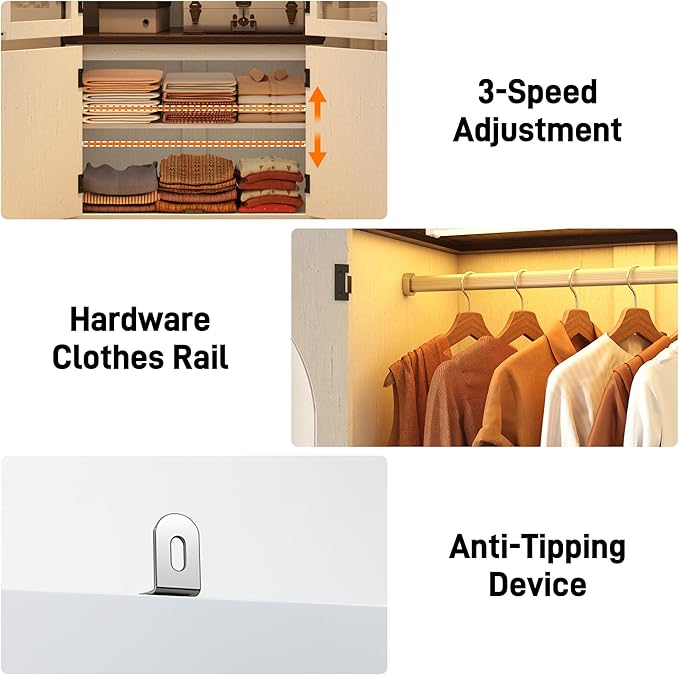 Tall Farmhouse 2 Doors Armoire Wardrobe Closet with LED ,72" Freestanding Arched Wardrobe Closet Cabinet for Bedroom w Glass Doors,Wooden Clothing Storage Cabinet,Closets for Bedroom(White)