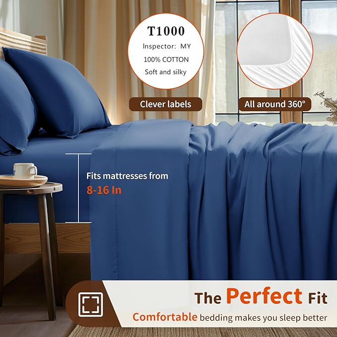 LBRO2M 1000 Thread Count 100% Egyptian Cotton Sheets Set Twin XL, 3 Piece Sets Bed Sheet Deep Pocket Sheet Set 16" Soft Comfortable All Season (Twin XL, Navy Blue)