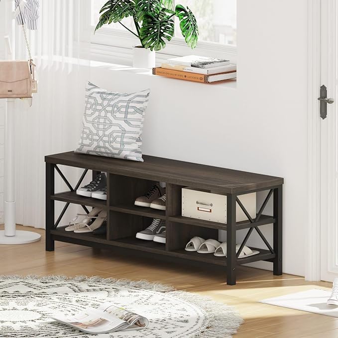 FATORRI Shoe Bench Entryway with Storage, Industrial Wood and Metal Hallway Benches with Adjustable Shelves, Rustic Entry Way Bench for Living Room (47.24 Inch Long, Walnut Brown)