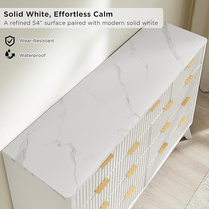 T4TREAM Fluted 9 Drawer Dresser, Modern Chest of Drawers with Faux Marble Top, Curved Profile Design, Dresser TV Stand, Wood Drawer Organizer for Bedroom, Living Room, Hallway, Solid White