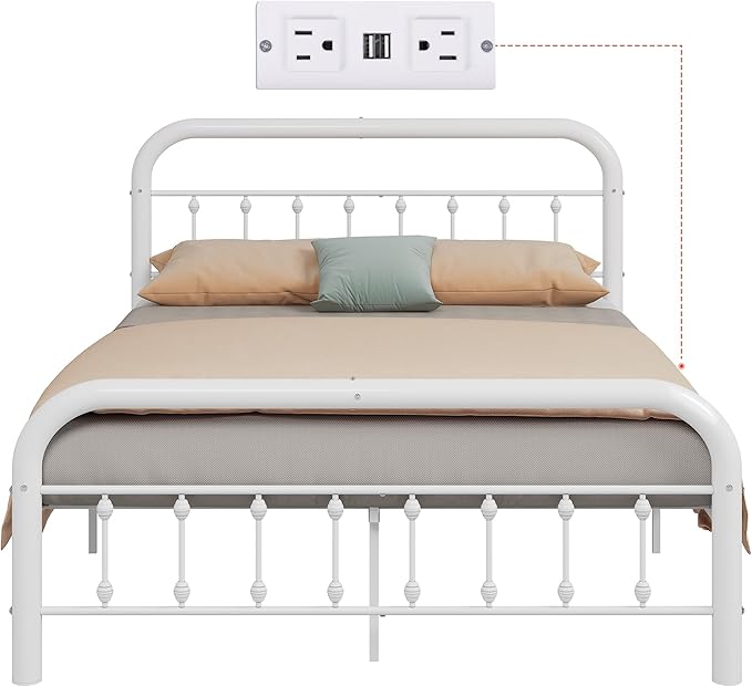 WLIVE Metal Platform Bed Frame, Queen Bed Frame with Headboard, Bed Frames with LED Lights and Charging Station, 1500LBS Mattress Foundation, Under Bed Storage, No Box Spring Needed, White