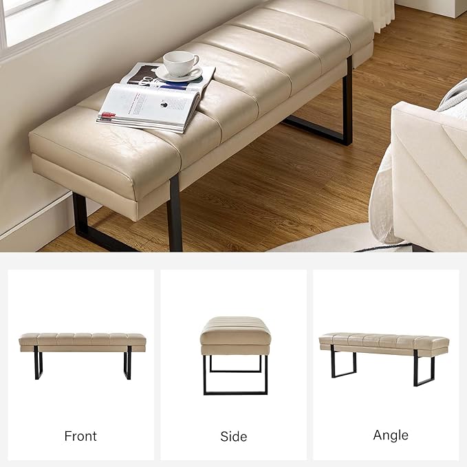 HULALA HOME 53" Faux Leather Entryway Bench, Button Tufted End of Bed Bench Ottoman for Bedroom, Living Room with Metal Base,Beige