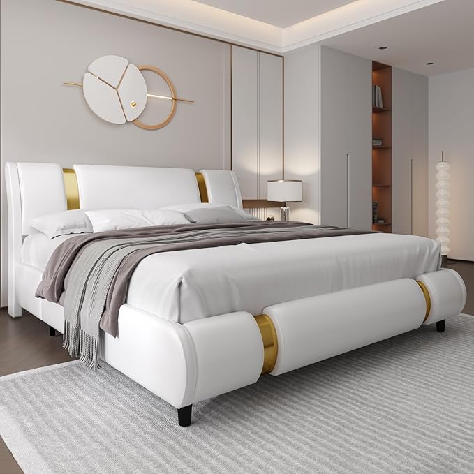 TTVIEW Modern Faux Leather Upholstered Platform Bed Frame with Golden Iron Metal Decor, Adjustable Curved Headboard, Wooden Slats Support, No Box Spring Needed, Queen Size, White