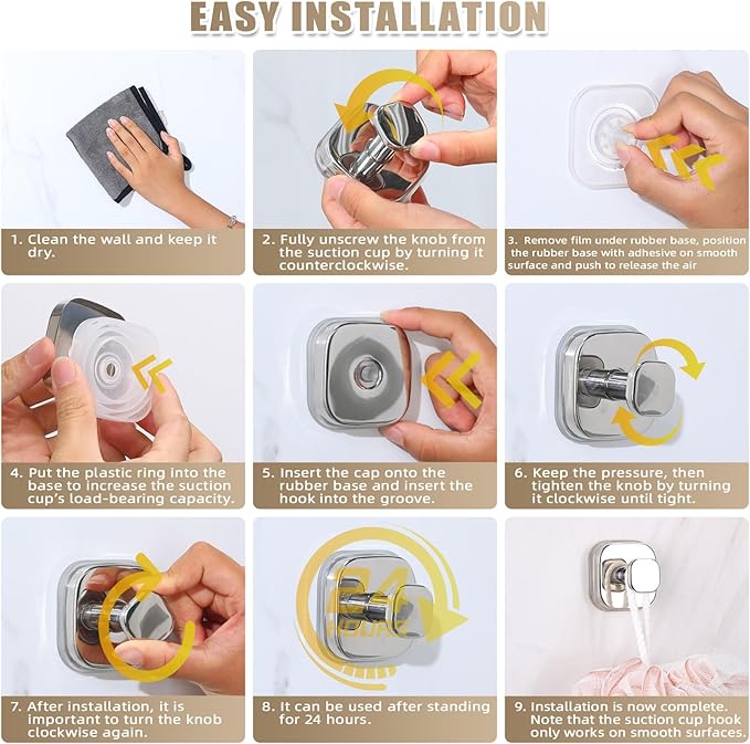 No-Drill Reusable Suction Cup Hooks, Towel, Robe, Loofah, Coat Hook for Glass, Mirror, Tile, Shower, Bathroom, Kitchen & Metal (Smooth, Non-Porous Surfaces) (2, Chrome Polished)