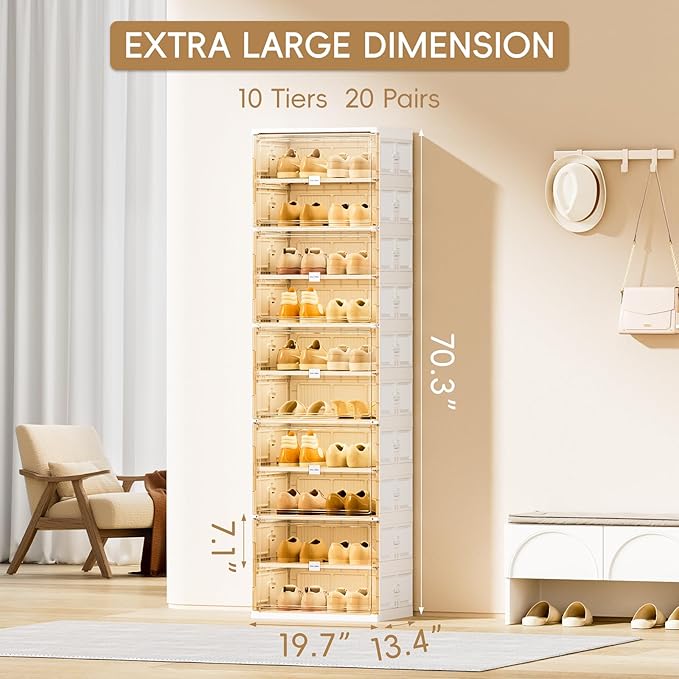 JEKO&JEKO 10 Tiers Foldable Shoe Rack Organizer Cabinet for Closet Entryway, Large Collapsible Shoe Storage Box with Magnetic Doors (White)