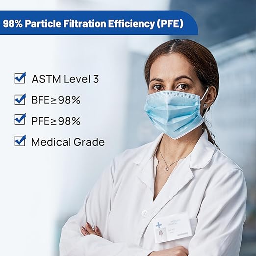 JMU 500 Pcs Medical Disposable Face Masks, 4-Ply ASTM Level 3 Face Masks for Adults, Blue, 10 Box