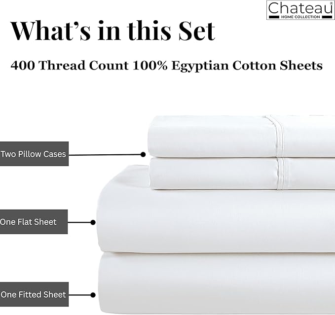 100% Egyptian Cotton Sheets Full Size Bed Set, Deep Pocket Full Sheet Set, 400 Thread Count Cotton Bed Sheets, Naturally Cool Soft Breathable No Pill Elasticated Luxury White Bedding for All Seasons