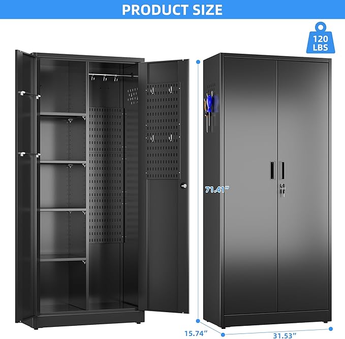 31.53 in Wide Garage Storage Cabinet, Metal Storage Cabinet with Pegboards and 4 Adjustable Shelves, Garage Storage System with Lockable Door for Offices, Gyms and Pantries, Black