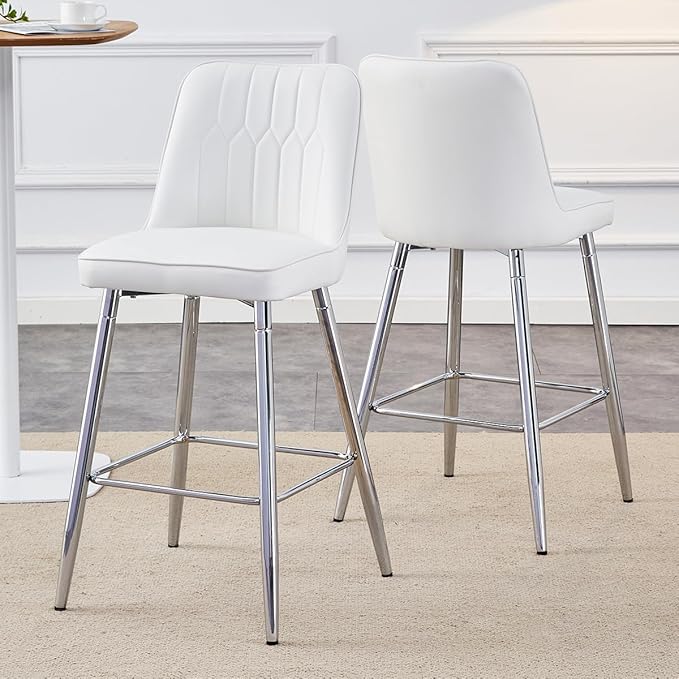 Bar Stools Set of 2, Counter Height Bar Stools with Back and Footrest,27" Barstools with Faux Leather Seat and Black Metal Legs,Counter Stools for Kitchen Island,Pub,White Barstools