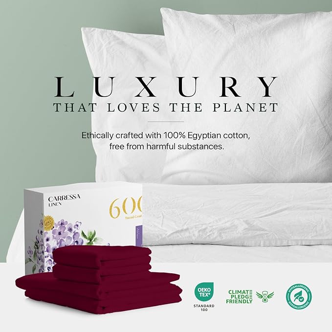 Carressa Linen California King Egyptian Cotton Sheet Sets - 600 Thread Count Cal King Cotton Sheet Set (4 PC, Classic Burgundy), Extra Soft, Cooling, 16" Deep Pocket Sateen Weave Luxury Bed Sheets Set