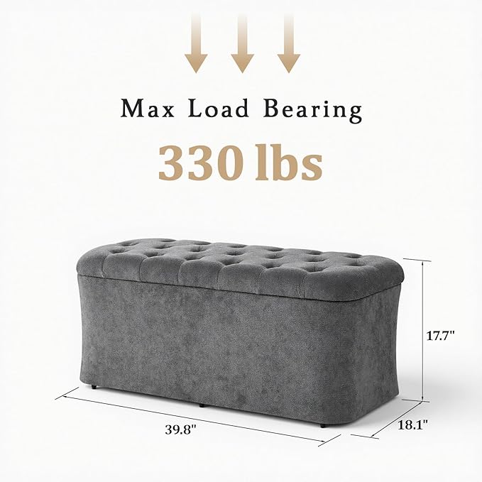 ONBRILL Storage Ottoman Bench, End of Bed Bench, 39.8 x 18.1 x 17.7 Inches Pouf Ottoman Foot Rest, Storage Benches Chest for Bedroom Entryway Living Room, Max 330 lbs, Grey