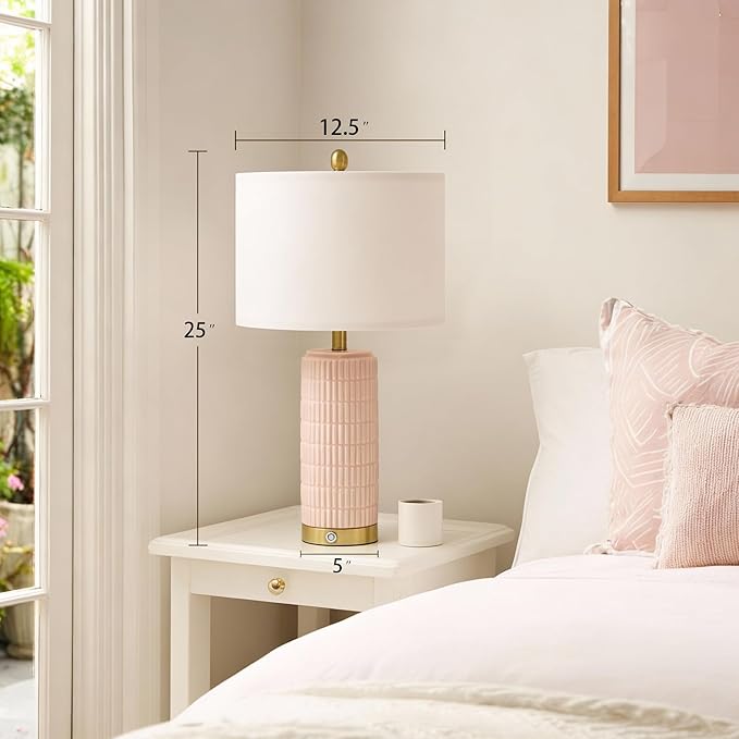 PoKat 25'' Table Lamps Set of 2 for Bedroom with 3-Way Dimmable Touch Control, Bedside Lamps with USB A+C Ports for Living Room, Modern Ceramic Pink Lamps for Kids Girls Decor (2 Bulbs Included)