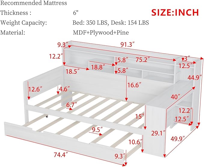 Merax Twin Size Corner Daybed Bed Frames with Desk and Trundle & Storage Shelves Headboard, Pinewood U-Shaped Captain Daybed Bed Frames for Small Room, Bedroom, Guest Room, Kids' Room, White