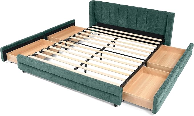 DEINPPA Queen Size Bed Frame with 4 Storage Drawers and Cloud Soft Headboard, Chenille Upholstered Grounded Wood Base Bed Frame, No Box Spring Needed-Blue+Green
