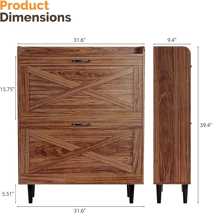 VINGLI Shoe Storage Cabinet for Entryway with 2 Flip Drawers, Ultra Slim Freestanding Entryway Shoe Organizer with Wood Tapered Legs,Hidden Closed Shoe Rack,31.6" W * 9.4" D * 39.4" H, Walnut