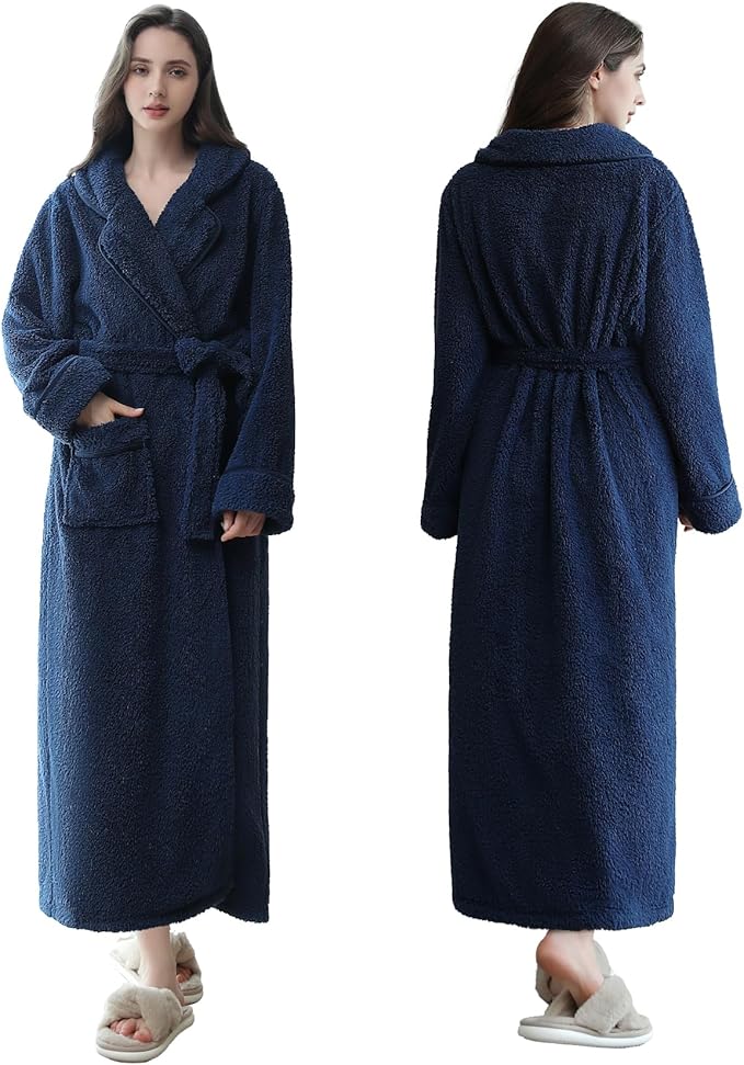 Oksun Womens Long Fleece Robe: Soft Fluffy Warm Bathrobe - Cozy Winter Housecoat Nigthgown with Chic Piping
