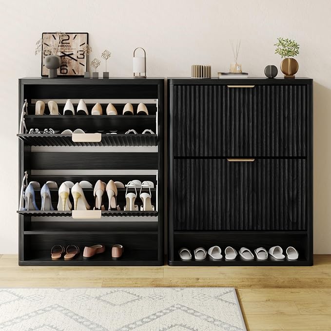 Fluted Shoe Cabinet Storage with 2 Flip Drawers, Narrow Shoe Storage Organizer for Entryway, Hidden Slim Wooden Shoe Rack Cabinet for Front Door Entrance, Hallway, Living Room (2-Drawer, Black)
