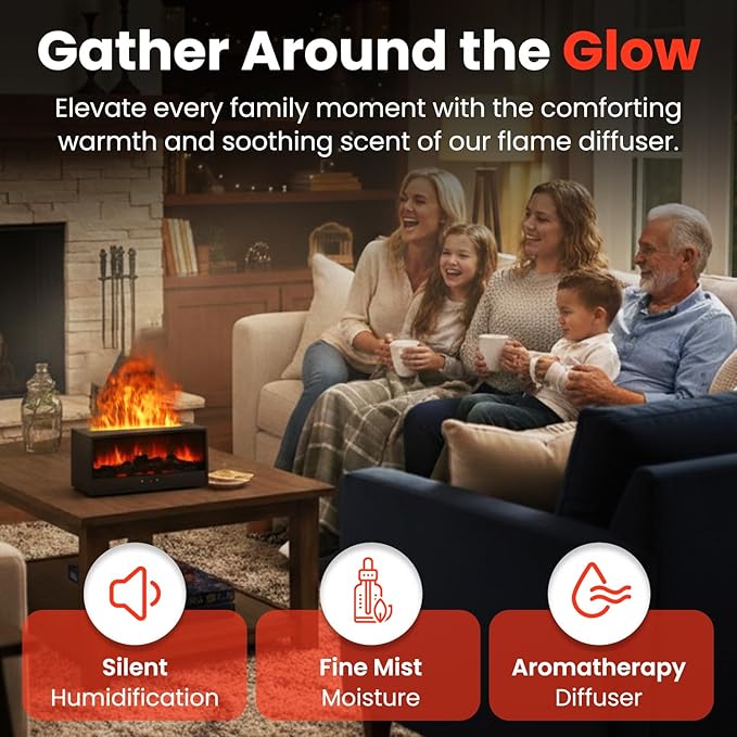 Fireplace Flame Diffuser Air Humidifier, Essential Oil Diffuser with 7 Colors Light & Timer, Auto-off Ultrasonic Cool Mist Aroma Humidifier for Home, Bedroom, Office, Yoga(White)