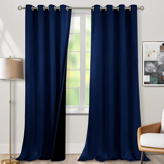 BGment Thermal Insulated 100% Blackout Curtains for Bedroom with Black Liner, Double Layer Full Room Darkening Noise Reducing Grommet Curtain (55 x 96 Inch, Navy Blue, 2 Panels)