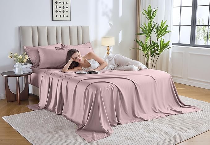 Pure Bamboo King Sheets, Genuine 100% Organic Viscose Derived from Bamboo Bed Sheet Set, Luxuriously Soft & Cooling, Double Stitching, 2 Year Quality Promise (King, Dusty Pink)