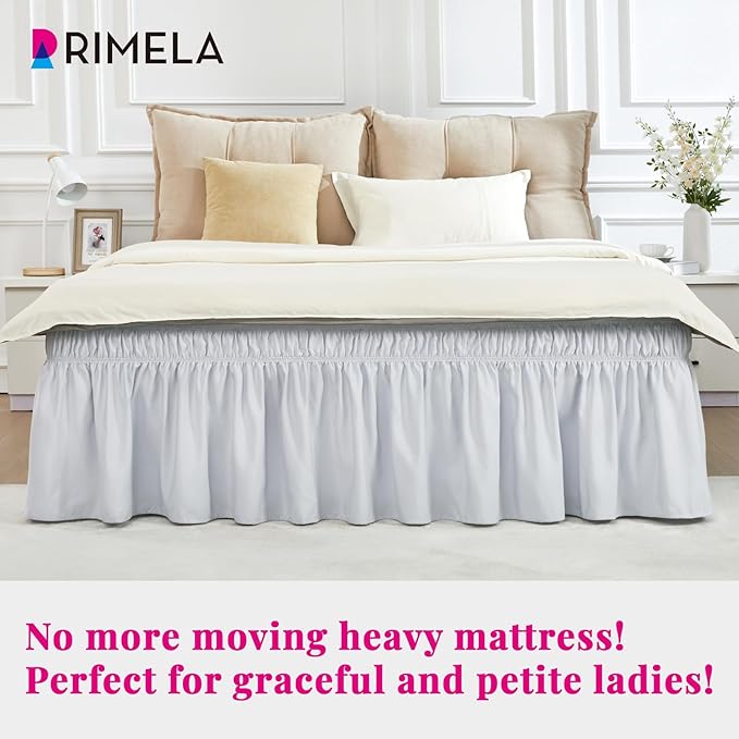 RIMELA Ice Grey Bed Skirt Queen Size 15 Inch Drop, Elastic Bed Skirting for Bed Base and Frame, Bedding Dust Ruffle Easy to Install, Lightweight Wrap Around Adjustable Bedskirt