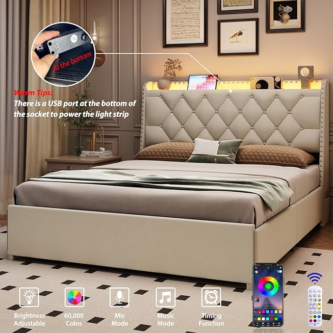 Full Size Bed Frame with 4 Drawers and Storage Headboard, Upholstered Tufted Wingback Bed Frame with LED Lights and Charging Station, No Box Spring Needed, Easy Assembly, Noise Free, Beige