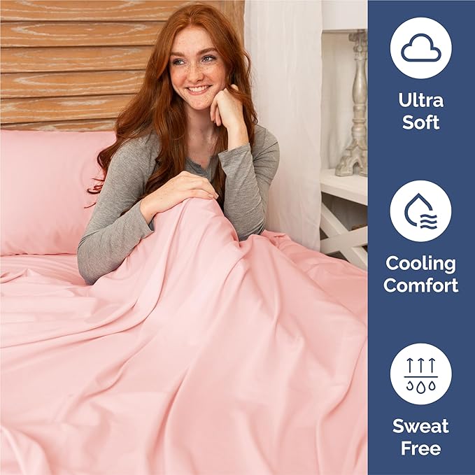 Split King 7 Piece Sheet Set - Cooling & Breathable - Hotel Luxury Bedding, Includes Fitted Sheets for Women, Men, Kids & Teens - 1 Flat, 2 Fitted Sheets, 4 Pillowcases with Deep Pockets - Baby Pink