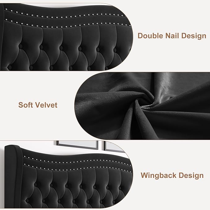 Upholstered Queen Size Bed Frame with Tall Headboard, Velvet Wingback Platform Bed Frame with Deep Button Tufted, No Box Spring Needed, Noise Free, Black