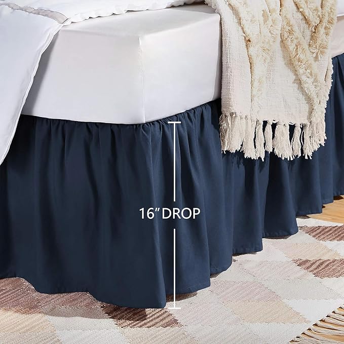 Amazon Basics Lightweight Ruffled Bed Skirt, Classic Style, Soft and Stylish 100% Microfiber with 16" drop-Queen, Navy Blue, Solid