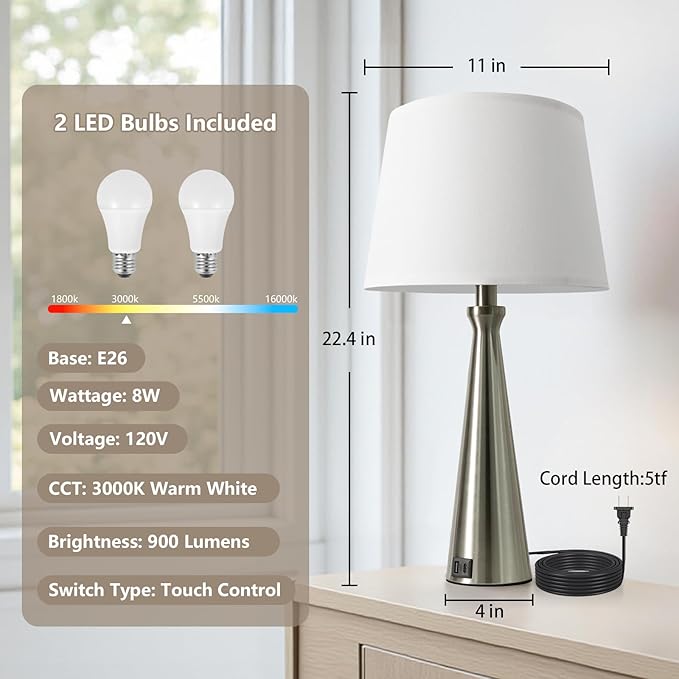 Seealle Modern Table Lamps Set of 2 - Touch Bedside Lamp for Nightstand with Dual USB C+A,3-Way Dimmable Silver Nightstand Lamps for Living Room Bedroom End Table with White Shade(Bulb Included)
