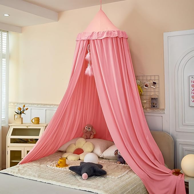 Dix-Rainbow Princess Bed Canopy for Kids, Soft and Durable Dreamy Mosquito Net Bedding, Girls Room Tent, Children Reading Nook Indoor Decor (Coral Pink)