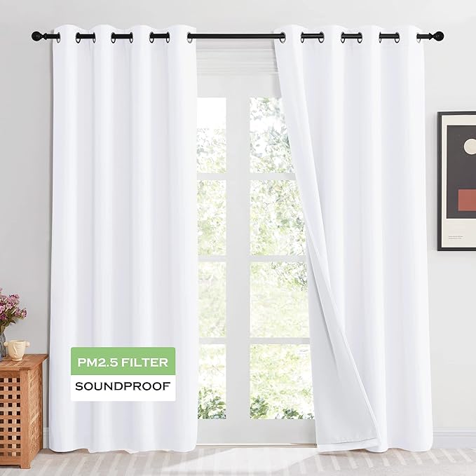 KGORGE Soundproof & Dust Particle Filtering Curtains 100% Blackout Window Cover Thermal Insulating Energy Smart Curtains for Living Room Bedroom Baby Nursery, W 52 x L 108 inches, White, 1 Pair