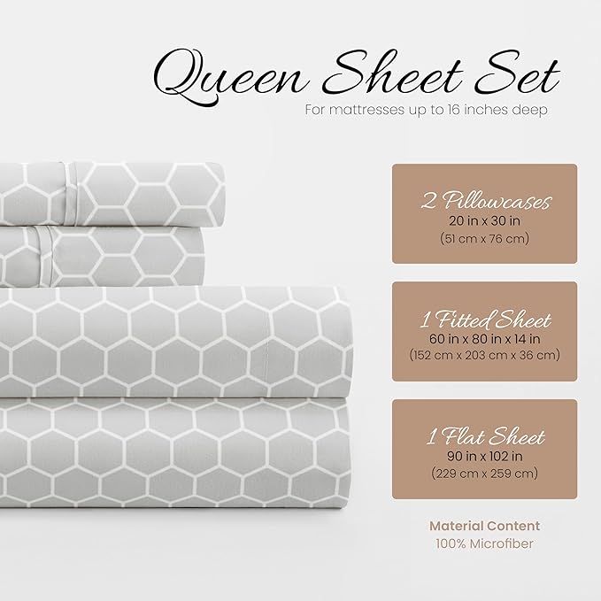 Linen Market Double-Brushed Patterned Microfiber Twin XL Sheet Set 3 Piece – Oeko-TEX Certified Ultra Soft & Wrinkle-Free - 16" Deep Pocket Sheets - Easy Care Twin XL Size - Honeycomb Light Gray