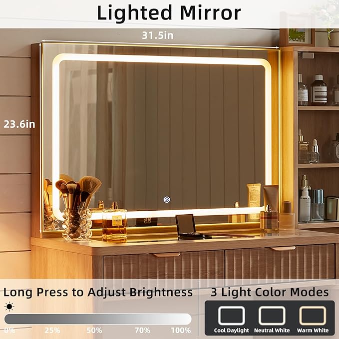 LEYAOYAO Vanity Desk with Mirror and Lights, 43.5'' Fluted Makeup Vanity with 6 Drawers and Adjustable Shelves, Natural Wood Make Up Vanity Dressing Table with Glass Top and Power Outlet for Bedroom