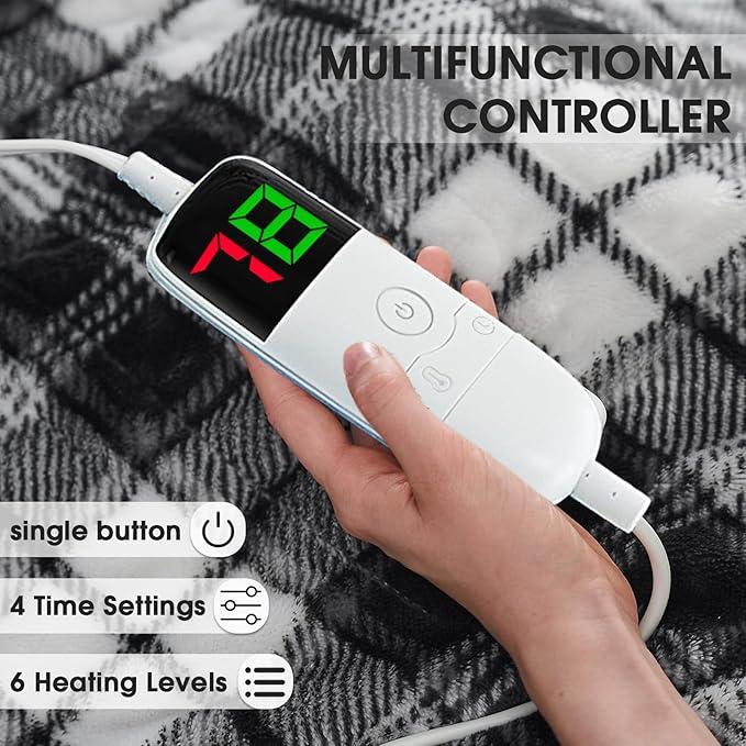 OCTROT Black Electric Heated Blanket King Size, 90X100 Black Blanket with Dual Control&10 Heats Levels&Timer for Bed,Large Plaid Sherpa Heating Blankets Warmer Gifts for Grandma Women Adults,Washable