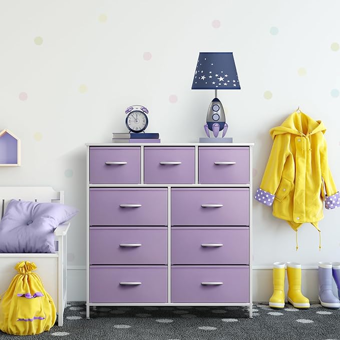 Sorbus Kids Dresser with 9 Drawers - Furniture Storage Chest Tower Unit for Bedroom, Hallway, Closet, Office Organization - Steel Frame, Wood Top, Fabric Bins (Purple, Solid)