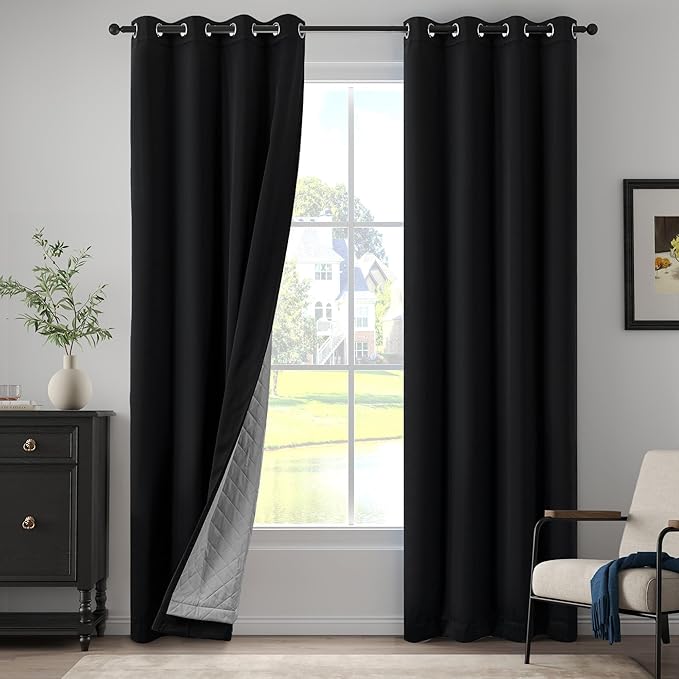 Black Heavy Soundproof Curtains for Window 3-in-1 Full Blackout Drapes Noise Canceling Heat Insulating Winter Curtains for Bedroom Living Room (1 Panel, Black, 50" x 84")
