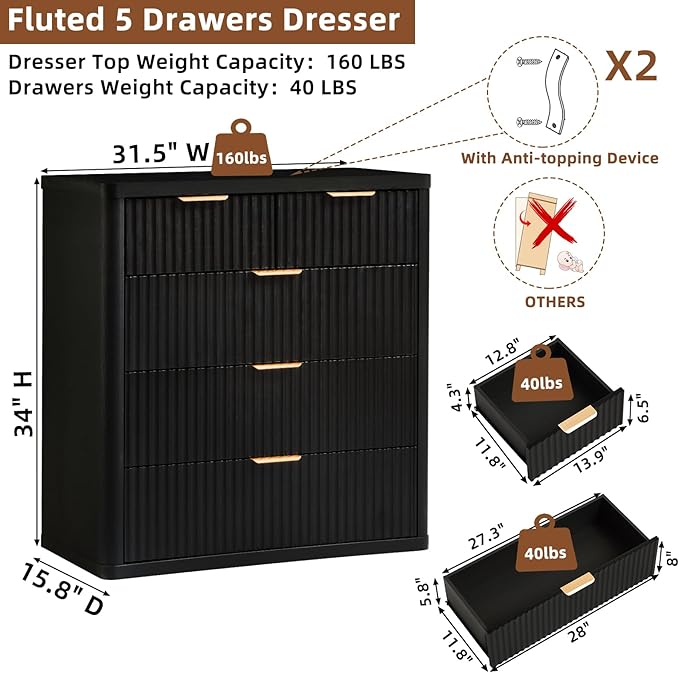 LEYAOYAO Fluted 5 Drawers Dresser for Bedroom Set of 2, 34" Tall Modern Chest of Drawers with Metal Handle, Curved Profile Design,Black Wood Drawer Organizer for Bedroom, Living Room, Hallway