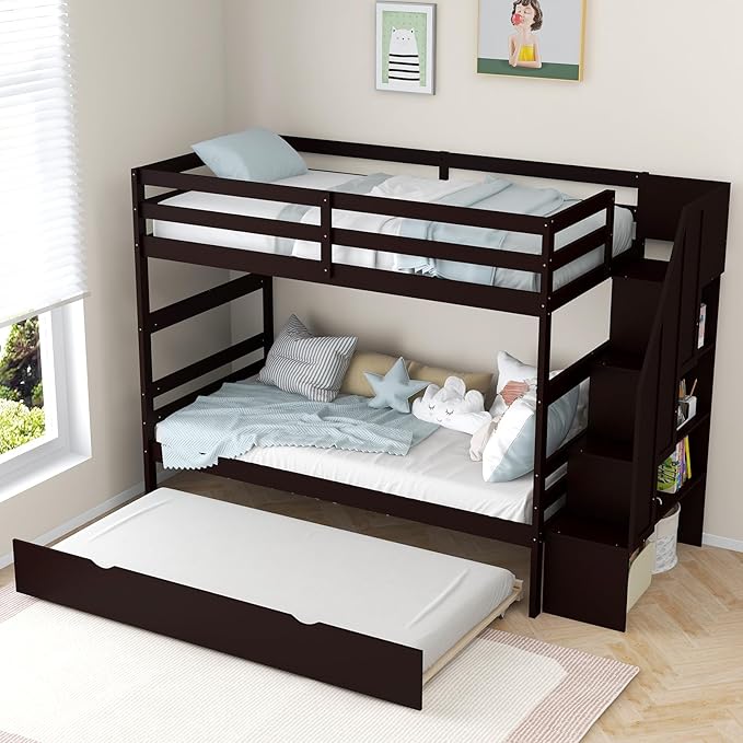 KOTEK Twin Over Twin Bunk Bed with Trundle and Stairs, Solid Wood Bunk Bed Frame with Storage Shelf, Bunk Beds Detachable into 2 Platform Beds for Kids Teens Adults (Espresso)