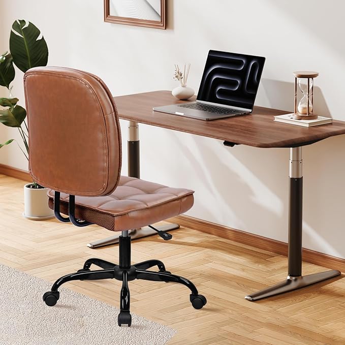 CLATINA Armless Home Office Chair with Lumbar Support and Wheels, Small PU Leather Ergonomic Low Back Desk Chairs No Arms, Adjustable Height 360° Swivel Rolling Computer Task Chair, Brown, 4 Pack