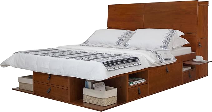memomad Bali Set: Storage Platform Bed with Drawers + Bookcase Headboard (Queen Size, Caramel Brown Wood)