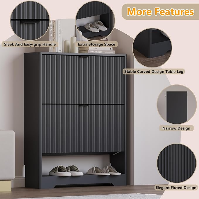Shoe Cabinet with 2 Flip Drawers, Fluted Shoe Storage Cabinet with Adjustable Shelves, Freestanding Rack and Organizer for Entryway, Closet, Hallway